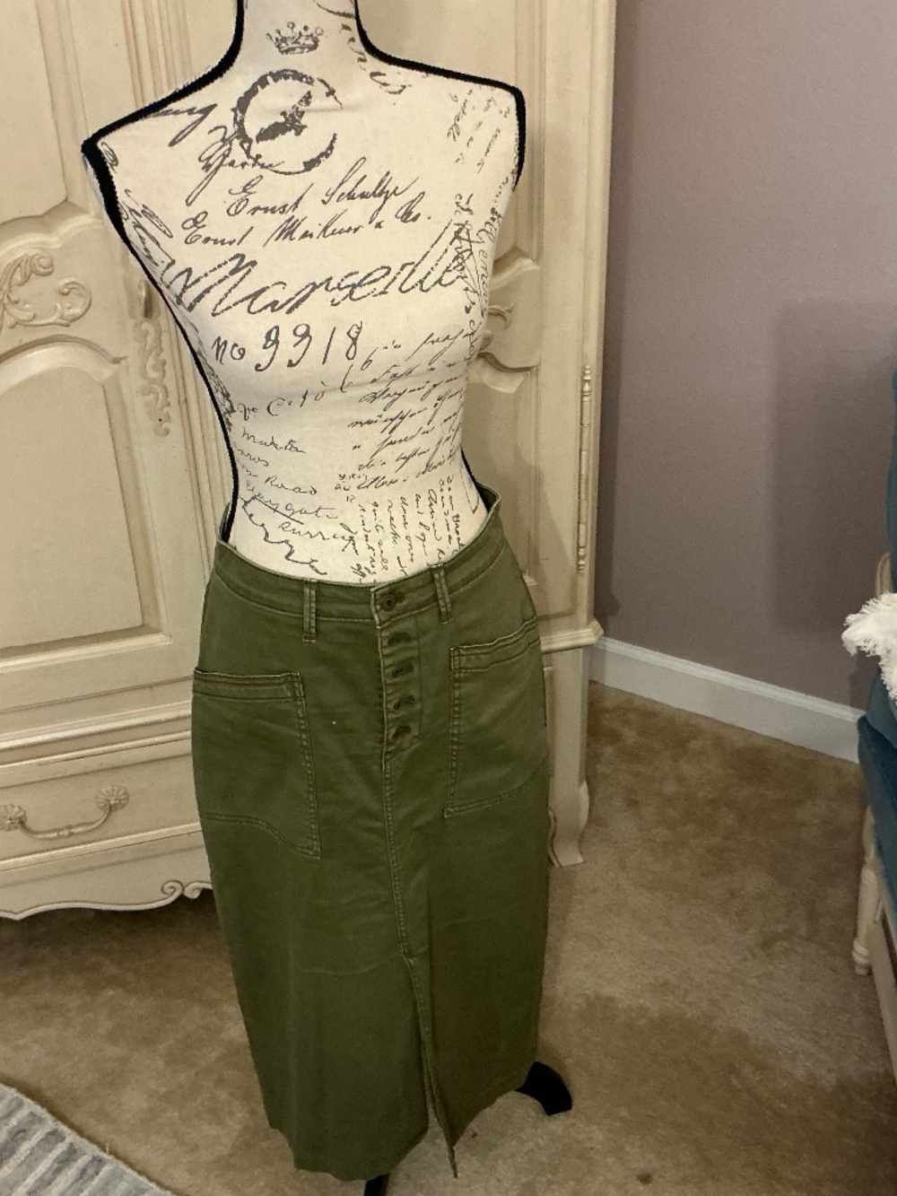 Anthropologie Olive Green Button Fly Utility Midi Skirt Size 6